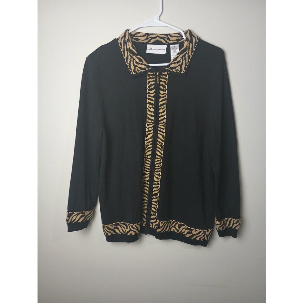 Vtg Alfred‎ Dunner Animal Print Trim Black Full Zip Sweater Top Small Collar